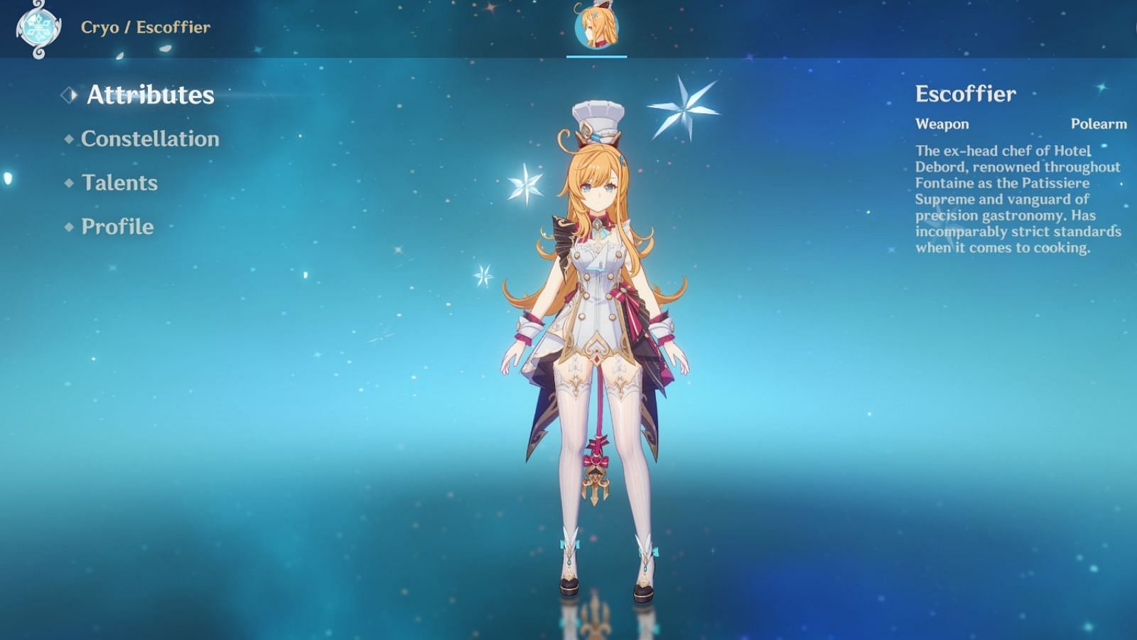 Screenshot of Escoffier in-game (Image via HoYoverse)